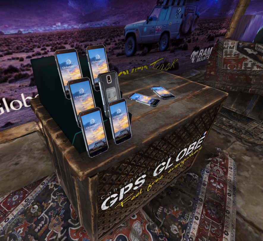 Stand de présentation de produits avec globe GPS et smartphones en environnement 3D